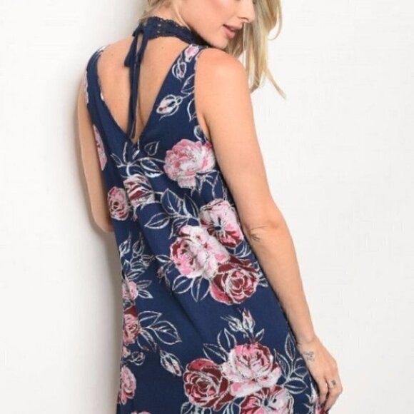 NAVY BLUE FLORAL PRINT CHOKER DRESS - Picture 2 of 4